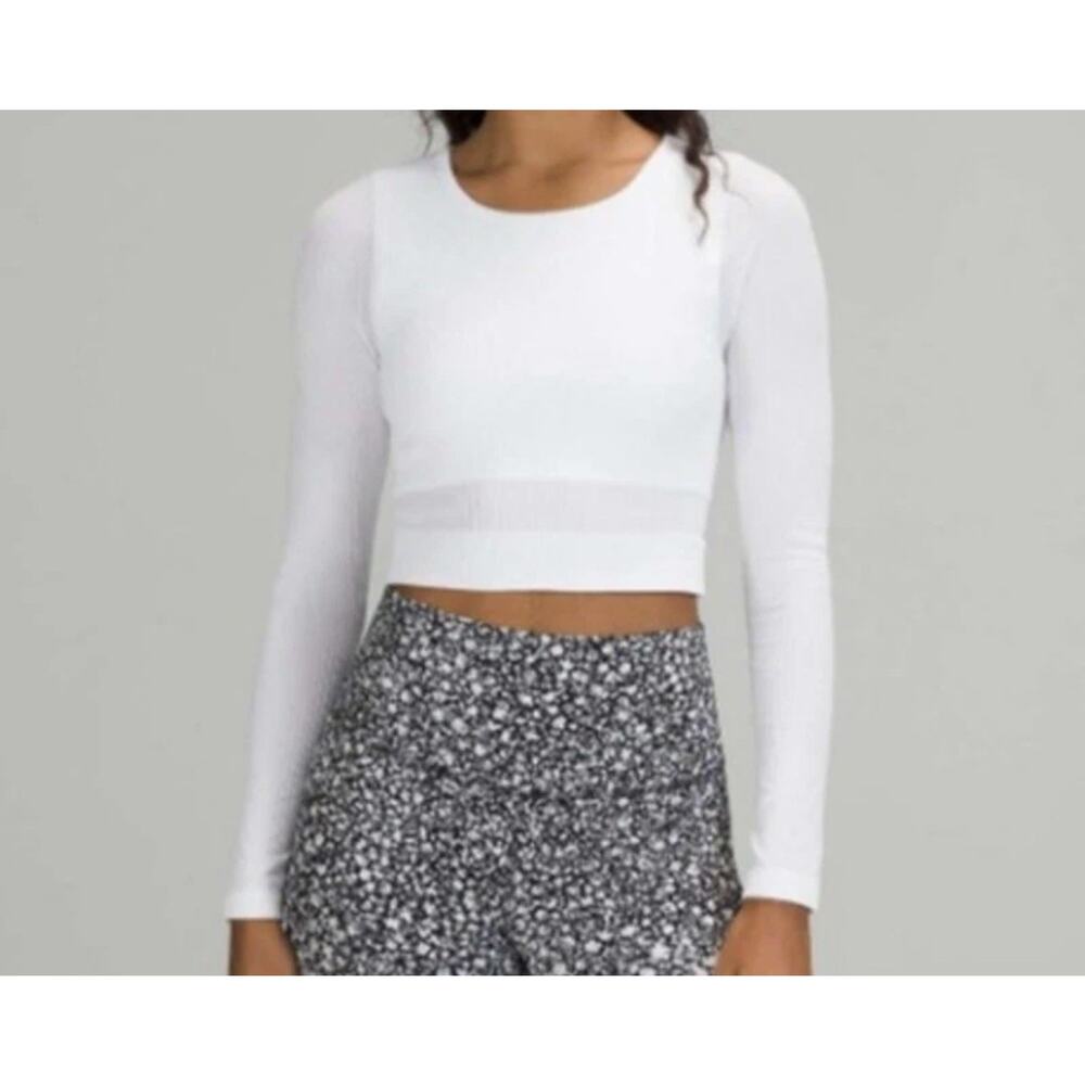 Lululemon Ebb To Street Long Sleeve White Built-In Bra Ribbed Crop Top Size 4